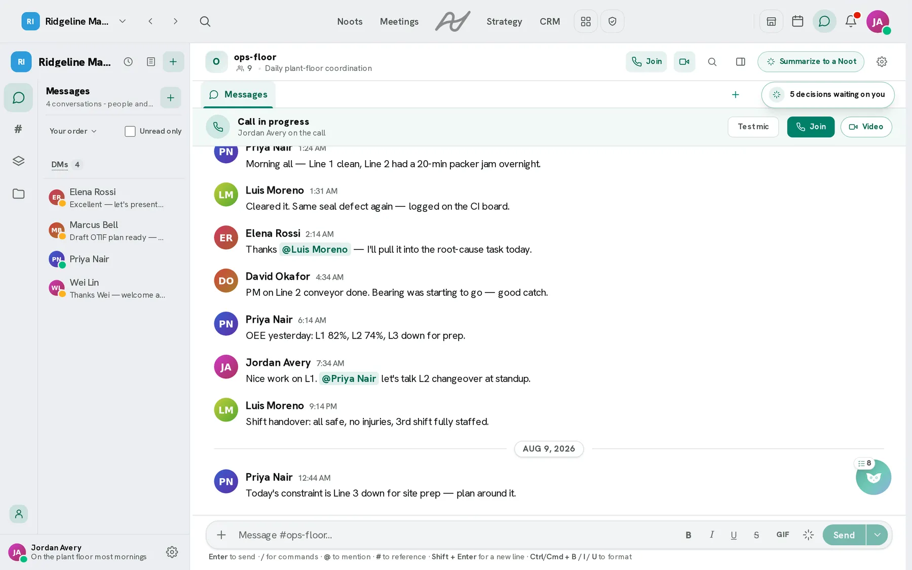 The Noots chat: the rail on the left with direct messages under their own heading, the ops-floor channel open with a morning of plant-floor messages, mentions highlighted, the composer at the foot, and the call, summarise and settings controls in the channel header.